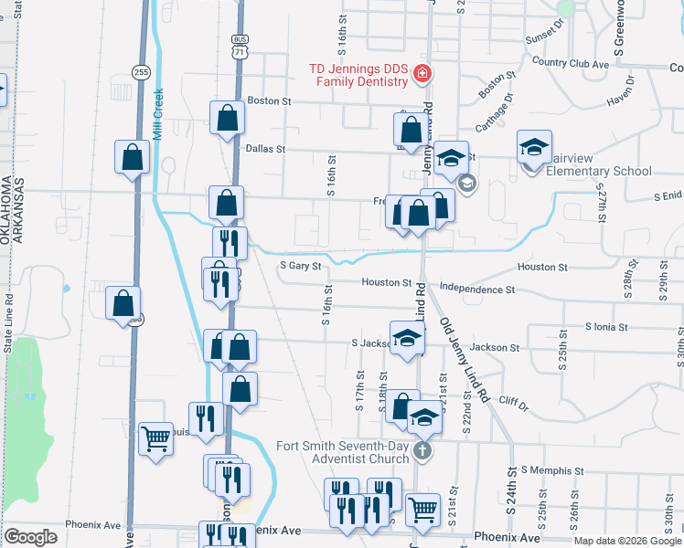map of restaurants, bars, coffee shops, grocery stores, and more near 1605 Houston Street in Fort Smith