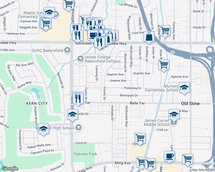 map of restaurants, bars, coffee shops, grocery stores, and more near 4624 Fishering Drive in Bakersfield