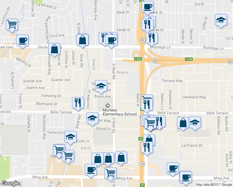 map of restaurants, bars, coffee shops, grocery stores, and more near 434 South Real Road in Bakersfield