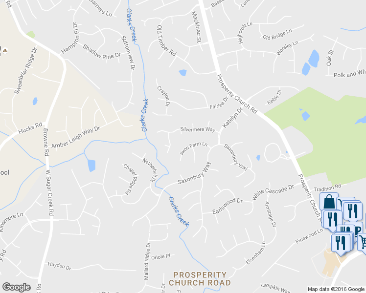 map of restaurants, bars, coffee shops, grocery stores, and more near 10012 Avon Farm Lane in Charlotte