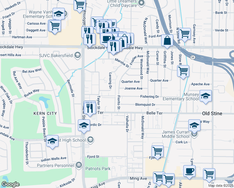 map of restaurants, bars, coffee shops, grocery stores, and more near 613 Fiorito Street in Bakersfield
