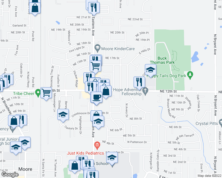 map of restaurants, bars, coffee shops, grocery stores, and more near 1301 Sequoyah Avenue in Moore