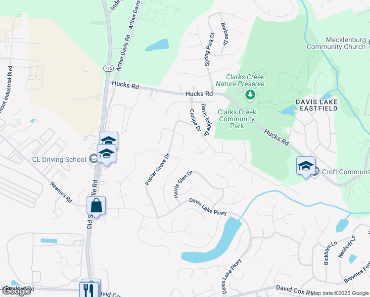 map of restaurants, bars, coffee shops, grocery stores, and more near 5410 Canipe Farm Court in Charlotte