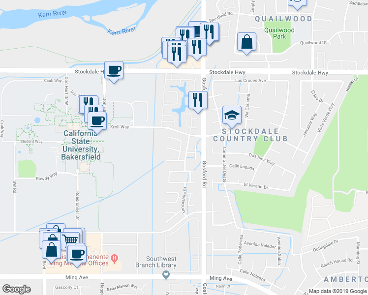 map of restaurants, bars, coffee shops, grocery stores, and more near 516 Portsmouth Street in Bakersfield