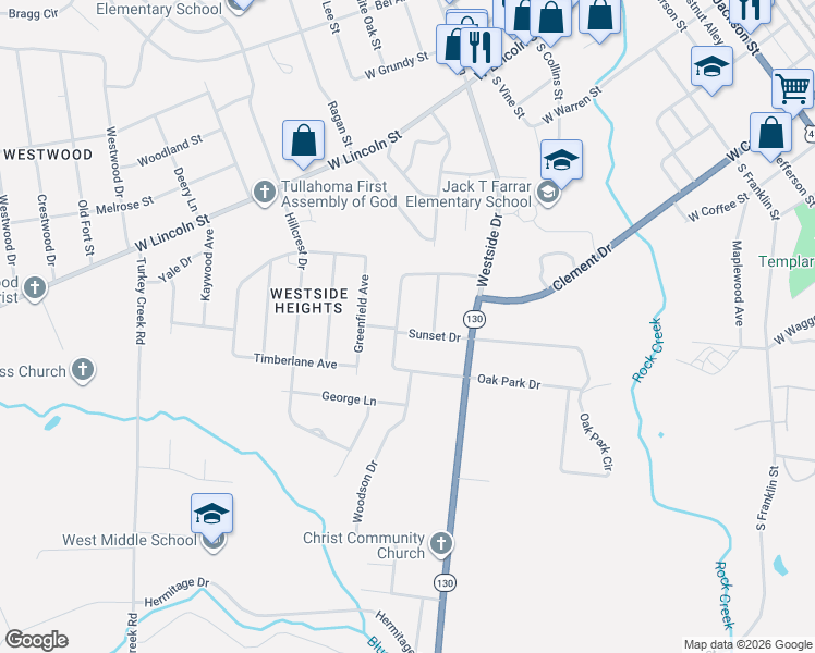 map of restaurants, bars, coffee shops, grocery stores, and more near 319 Westside Heights Drive in Tullahoma