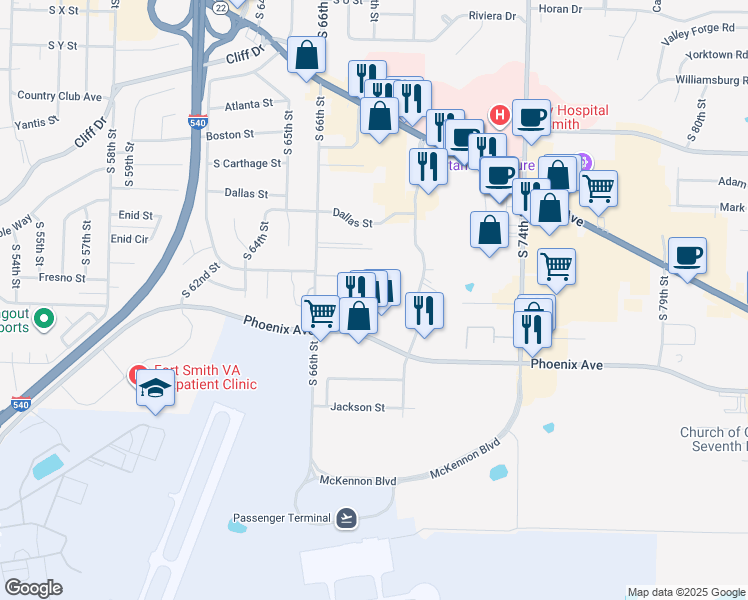 map of restaurants, bars, coffee shops, grocery stores, and more near 3400 South 68th Circle in Fort Smith