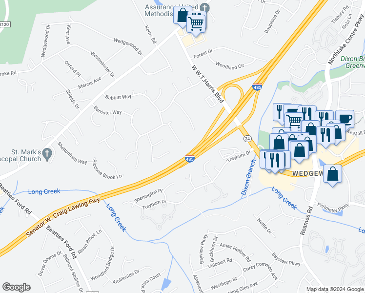 map of restaurants, bars, coffee shops, grocery stores, and more near 8946 Raven Park Drive in Charlotte