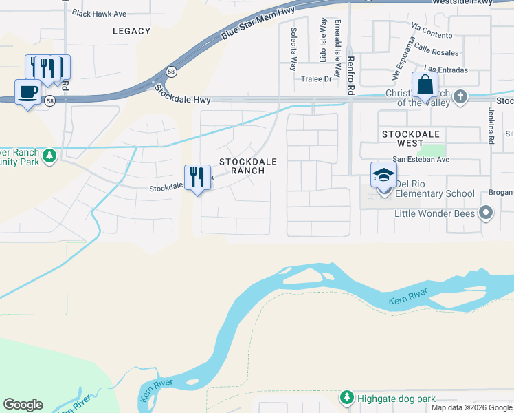 map of restaurants, bars, coffee shops, grocery stores, and more near 15001 Brockbank Avenue in Bakersfield