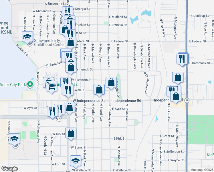 map of restaurants, bars, coffee shops, grocery stores, and more near 1608 North Bdwy in Shawnee