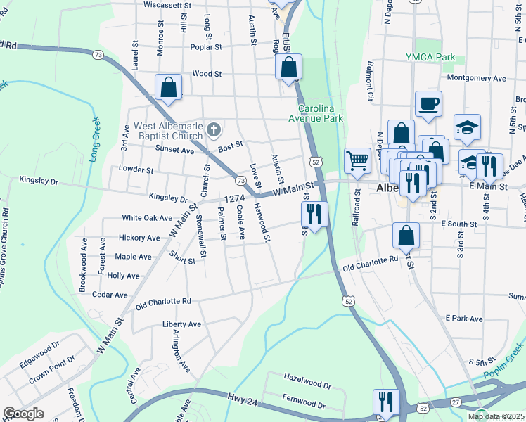 map of restaurants, bars, coffee shops, grocery stores, and more near 121 Harwood Street in Albemarle
