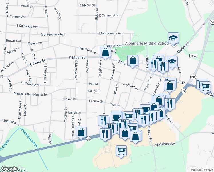 map of restaurants, bars, coffee shops, grocery stores, and more near 316 Leonard Avenue in Albemarle