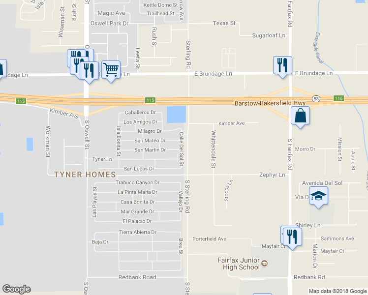 map of restaurants, bars, coffee shops, grocery stores, and more near 619 Calle Del Sol Street in Bakersfield