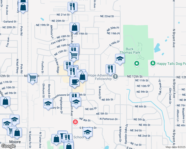 map of restaurants, bars, coffee shops, grocery stores, and more near 1301 North Lincoln Avenue in Moore
