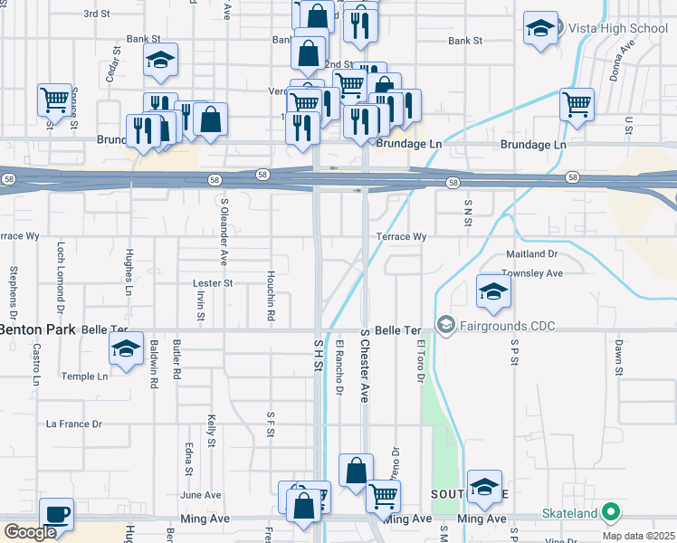 map of restaurants, bars, coffee shops, grocery stores, and more near 509 El Prado Drive in Bakersfield