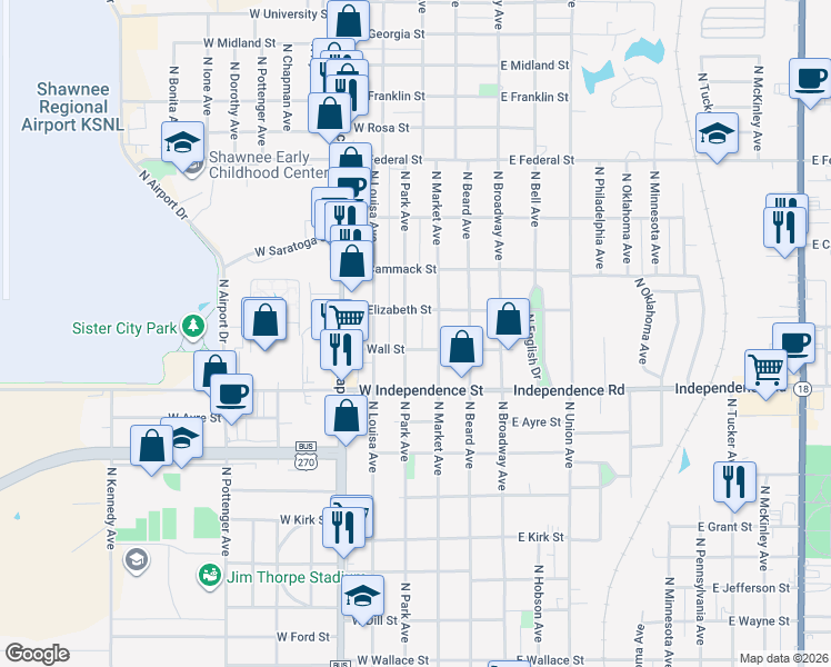 map of restaurants, bars, coffee shops, grocery stores, and more near 1613 North Park Avenue in Shawnee
