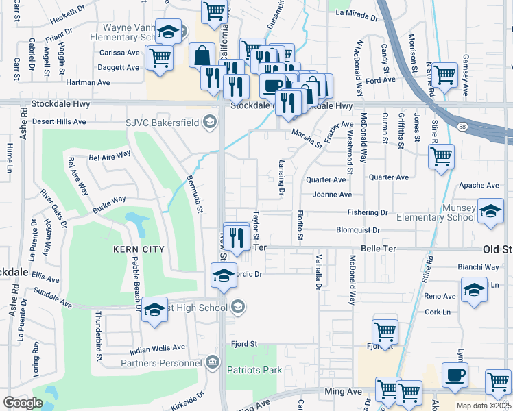 map of restaurants, bars, coffee shops, grocery stores, and more near 609 Taylor Street in Bakersfield