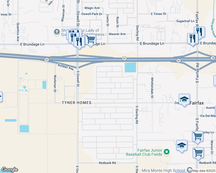 map of restaurants, bars, coffee shops, grocery stores, and more near 5306 San Martin Drive in Bakersfield
