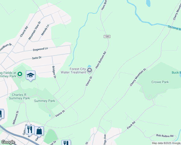 map of restaurants, bars, coffee shops, grocery stores, and more near 581 Vance Street in Forest City