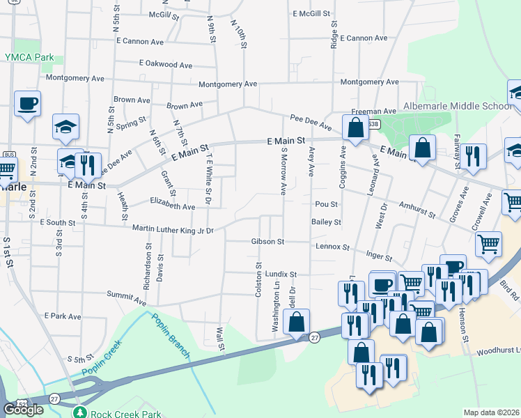 map of restaurants, bars, coffee shops, grocery stores, and more near 1039 Rush Dr in Albemarle