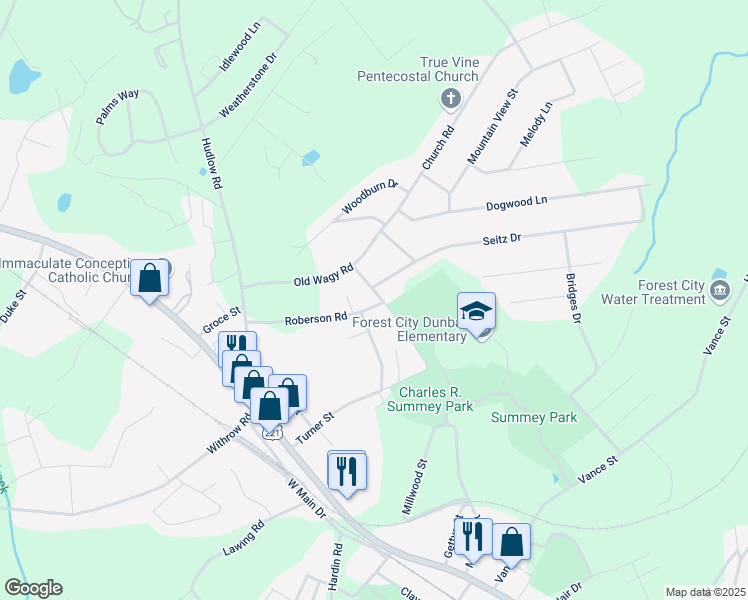 map of restaurants, bars, coffee shops, grocery stores, and more near 154 McDaniel Street in Forest City