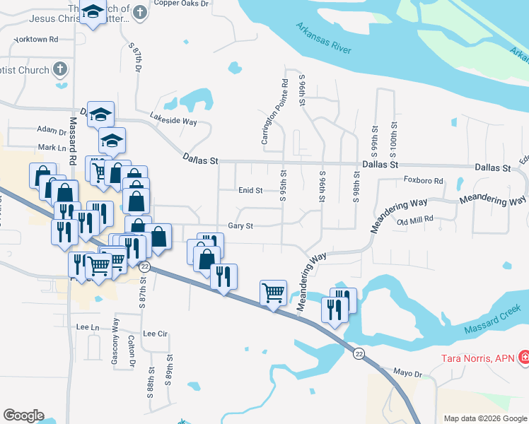 map of restaurants, bars, coffee shops, grocery stores, and more near 9316 South Fresno Street in Fort Smith