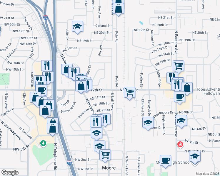 map of restaurants, bars, coffee shops, grocery stores, and more near 1301 North Nail Parkway in Moore