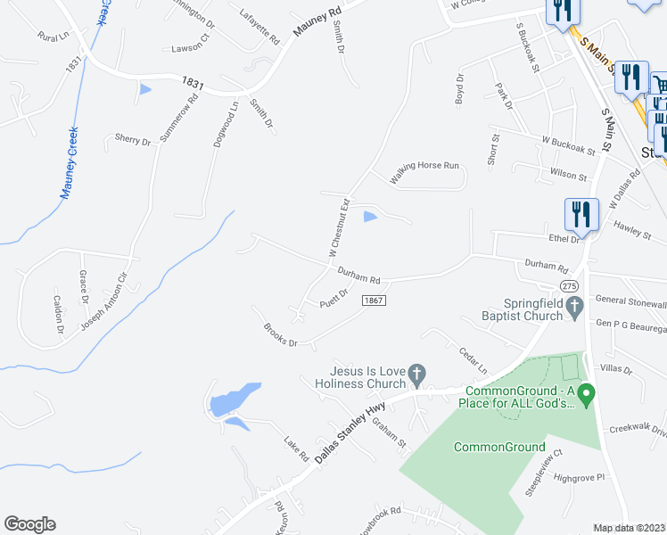 map of restaurants, bars, coffee shops, grocery stores, and more near 507 Durham Road in Stanley