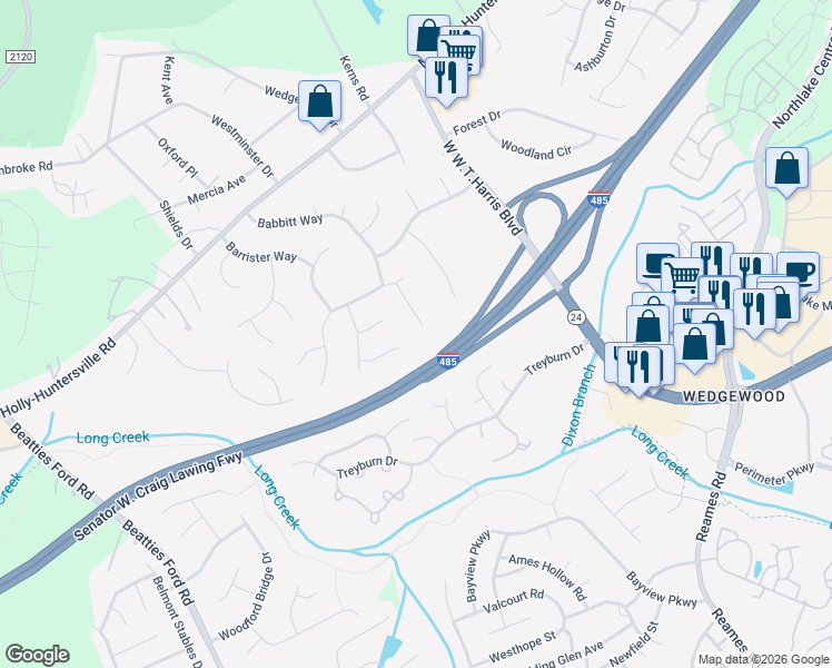 map of restaurants, bars, coffee shops, grocery stores, and more near 8940 Raven Park Drive in Charlotte