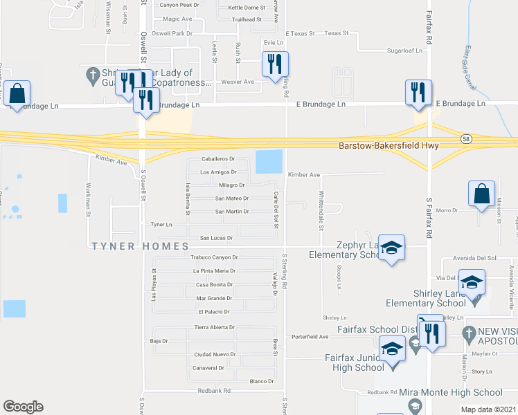 map of restaurants, bars, coffee shops, grocery stores, and more near 5518 San Martin Drive in Bakersfield