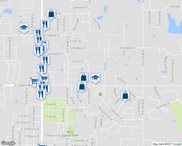 map of restaurants, bars, coffee shops, grocery stores, and more near 1703 East Dougherty Drive in Shawnee