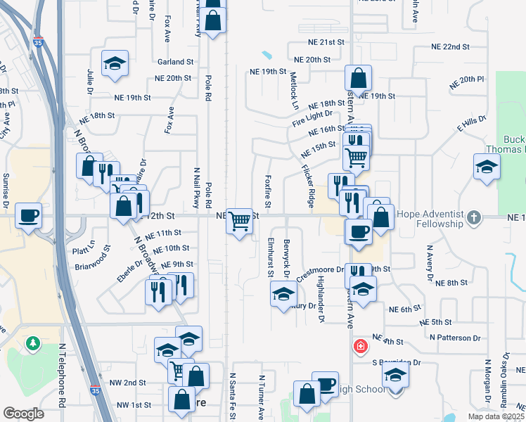 map of restaurants, bars, coffee shops, grocery stores, and more near 309 Northeast 12th Street in Moore