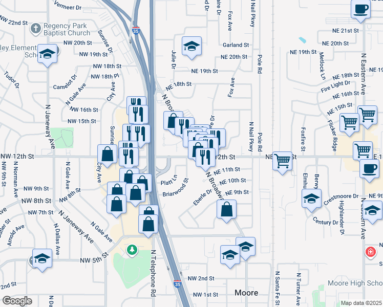 map of restaurants, bars, coffee shops, grocery stores, and more near 100 Northwest 12th Street in Moore