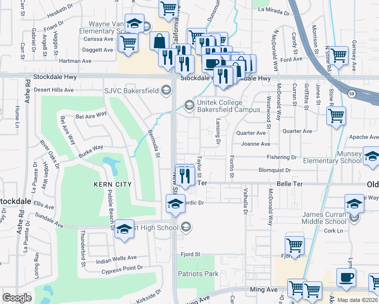 map of restaurants, bars, coffee shops, grocery stores, and more near 609 Taylor Street in Bakersfield