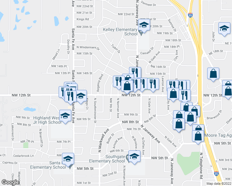 map of restaurants, bars, coffee shops, grocery stores, and more near 901 Northwest 12th Street in Moore
