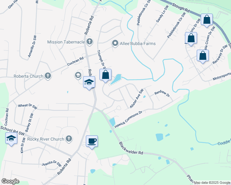 map of restaurants, bars, coffee shops, grocery stores, and more near 3575 Larkhaven Avenue Southwest in Concord