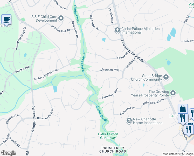 map of restaurants, bars, coffee shops, grocery stores, and more near Mountain Laurel Lane in Charlotte