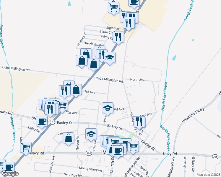 map of restaurants, bars, coffee shops, grocery stores, and more near 8166 West Street in Millington