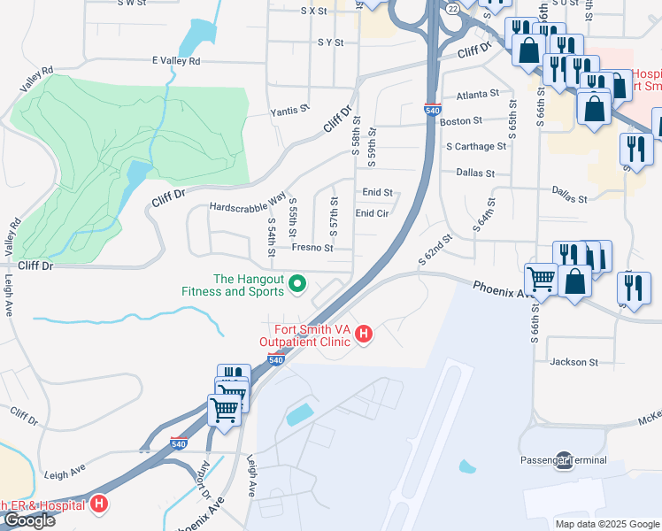 map of restaurants, bars, coffee shops, grocery stores, and more near 5613 Gary Street in Fort Smith