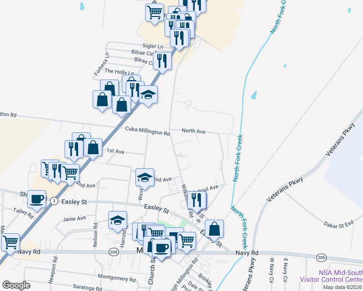 map of restaurants, bars, coffee shops, grocery stores, and more near 5047 Howard Place in Millington