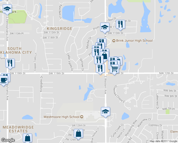 map of restaurants, bars, coffee shops, grocery stores, and more near 1000 Southwest 118th Place in Oklahoma City