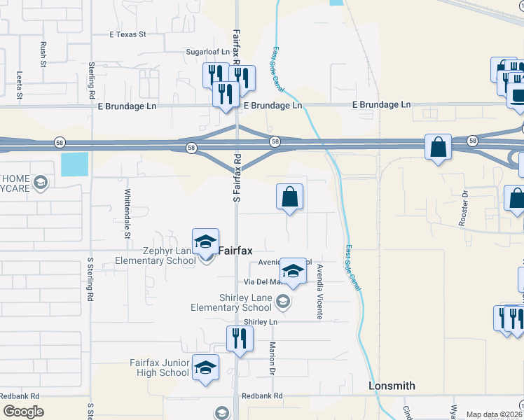 map of restaurants, bars, coffee shops, grocery stores, and more near 4800 Morro Drive in Bakersfield