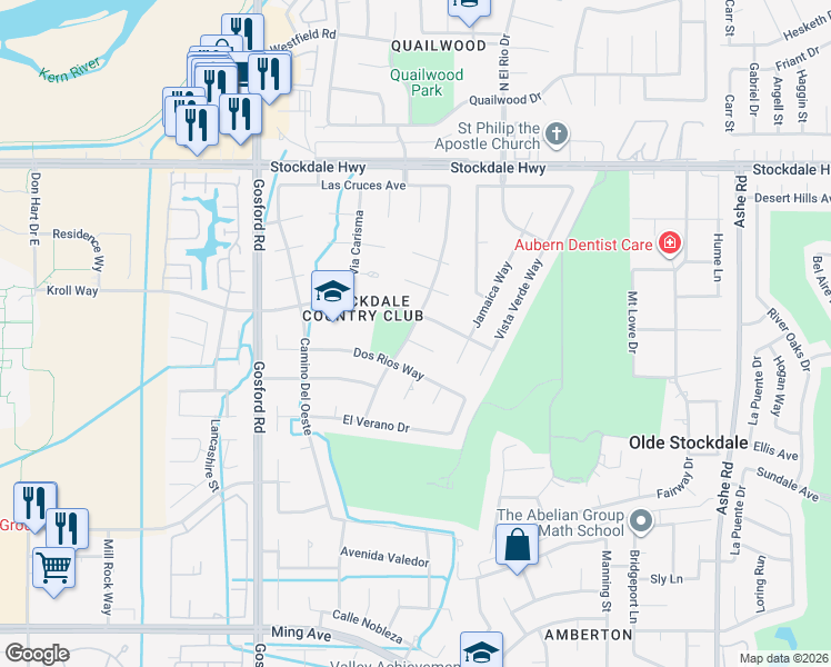 map of restaurants, bars, coffee shops, grocery stores, and more near 620 Montalvo Drive in Bakersfield