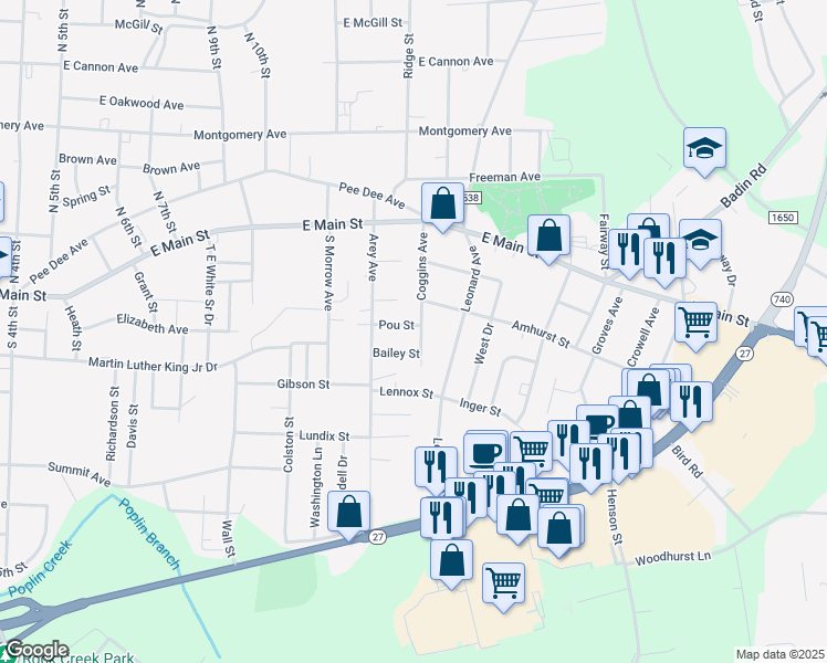 map of restaurants, bars, coffee shops, grocery stores, and more near 404 Coggins Ave in Albemarle