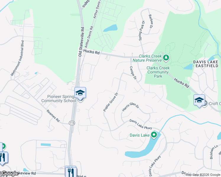 map of restaurants, bars, coffee shops, grocery stores, and more near 9766 Whitewood Trail in Charlotte