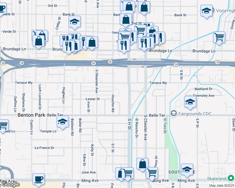 map of restaurants, bars, coffee shops, grocery stores, and more near 1901 Bradford Street in Bakersfield