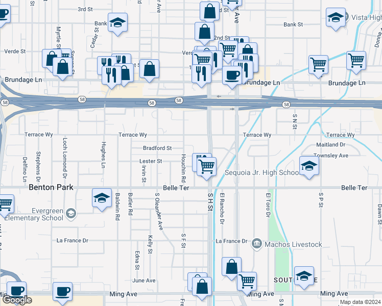 map of restaurants, bars, coffee shops, grocery stores, and more near 1901 Bradford Street in Bakersfield
