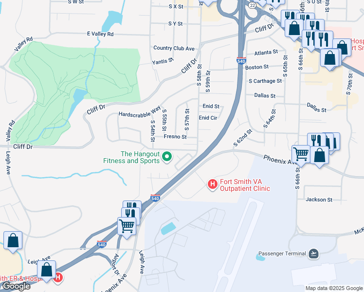 map of restaurants, bars, coffee shops, grocery stores, and more near 5513 Gary Street in Fort Smith