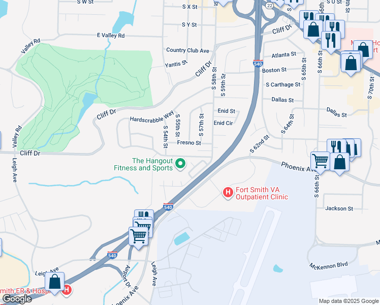 map of restaurants, bars, coffee shops, grocery stores, and more near 5513 Gary Street in Fort Smith