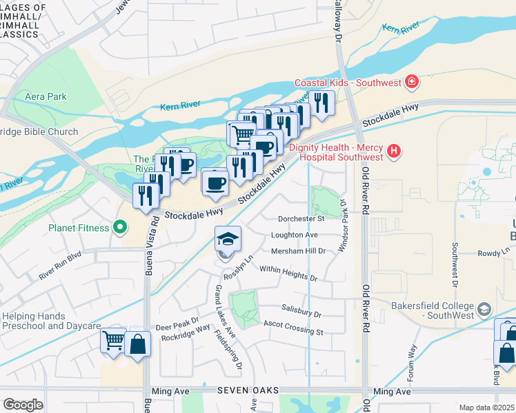 map of restaurants, bars, coffee shops, grocery stores, and more near 631 Faversham Way in Bakersfield