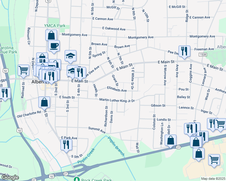 map of restaurants, bars, coffee shops, grocery stores, and more near 630 Elizabeth Avenue in Albemarle